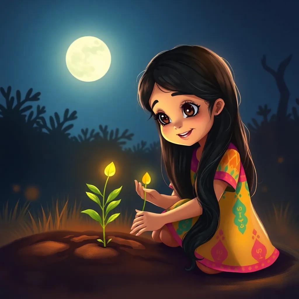 Leila, a young Arab girl with long, dark hair in a colorful dress, planting a shiny seed in a small garden, with excitement visible on her face under the moonlight, digital painting, whimsical, serene ambiance, enchanting light, warm glow