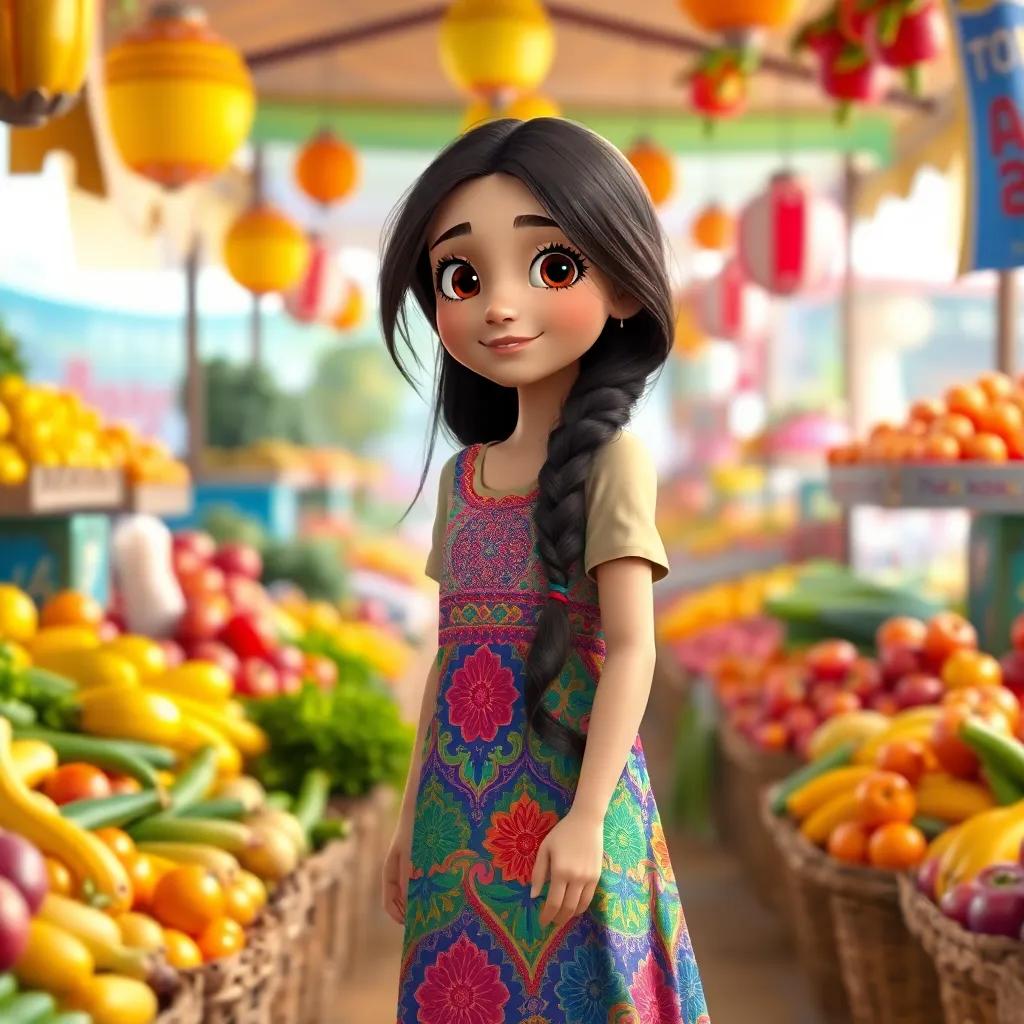 A young Arab girl, Leila, with long, dark hair, wearing a colorful dress, walking through a cheerful market filled with fruits and vegetables, vibrant colors, sunny atmosphere, high quality