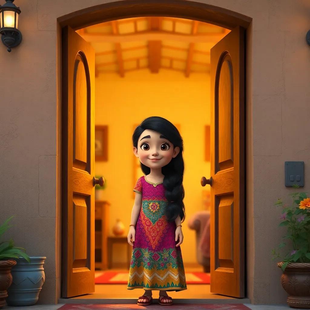 Leila, a young Arab girl with long, dark hair in a colorful dress, opening the door to her grandmother's house with a big smile, warm light, cozy interior, inviting feel, high quality