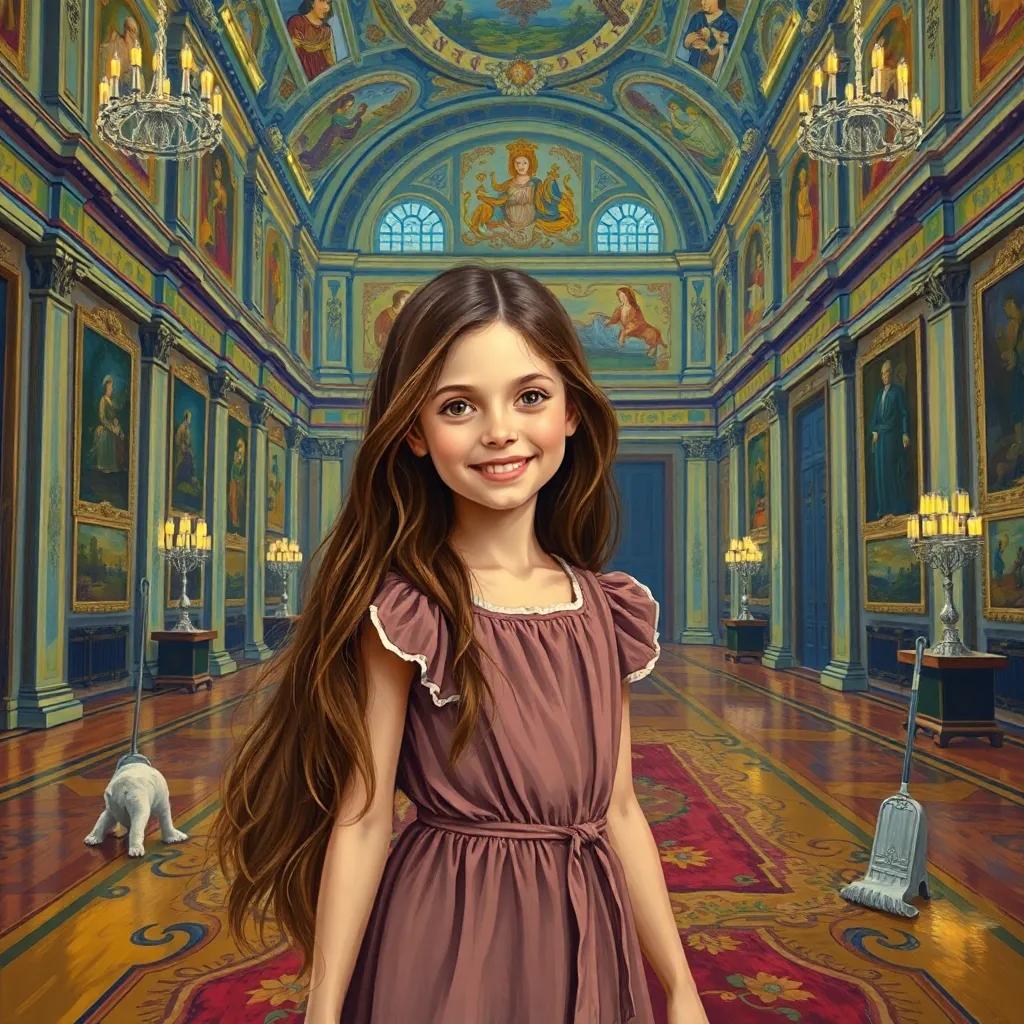 A young girl, Leila, with long brown hair, wearing a simple dress, happily cleaning a grand royal hall, vibrant colors, cheerful atmosphere, high quality
