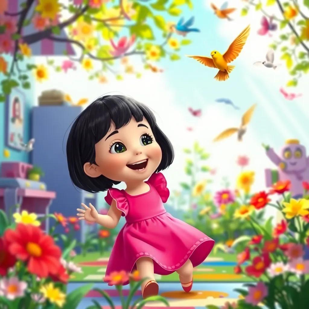 A young girl, Leila, with short dark hair, wearing a bright pink dress, playing joyfully in a colorful kindergarten surrounded by flowers and birds, cheerful atmosphere, bright colors, high quality