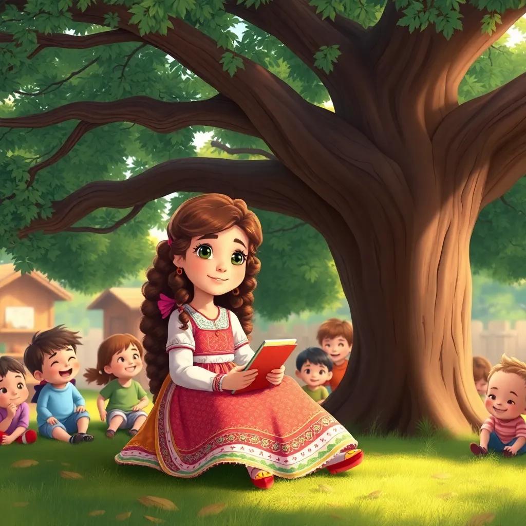A shy girl, Sara, with long curly hair, wearing a colorful traditional dress and holding drawing materials, sitting under a big tree in a kindergarten, surrounded by happy children, warm light, inviting scene, detailed illustration