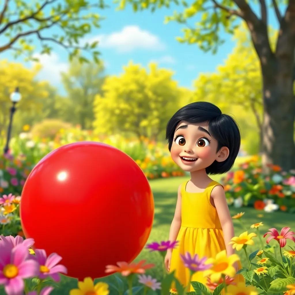 A sunny park scene with a beautiful red ball amidst colorful flowers, a young girl, Layla, with short black hair, wearing a bright yellow dress, smiling and looking surprised, vibrant colors, cheerful atmosphere, digital art, high quality