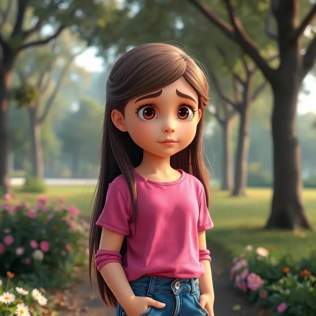 A young girl, Sarah, with long brown hair, wearing a pink shirt and jeans, with tears in her eyes, standing in the park feeling sad, surrounded by trees and flowers, soft light, emotional tone, high quality