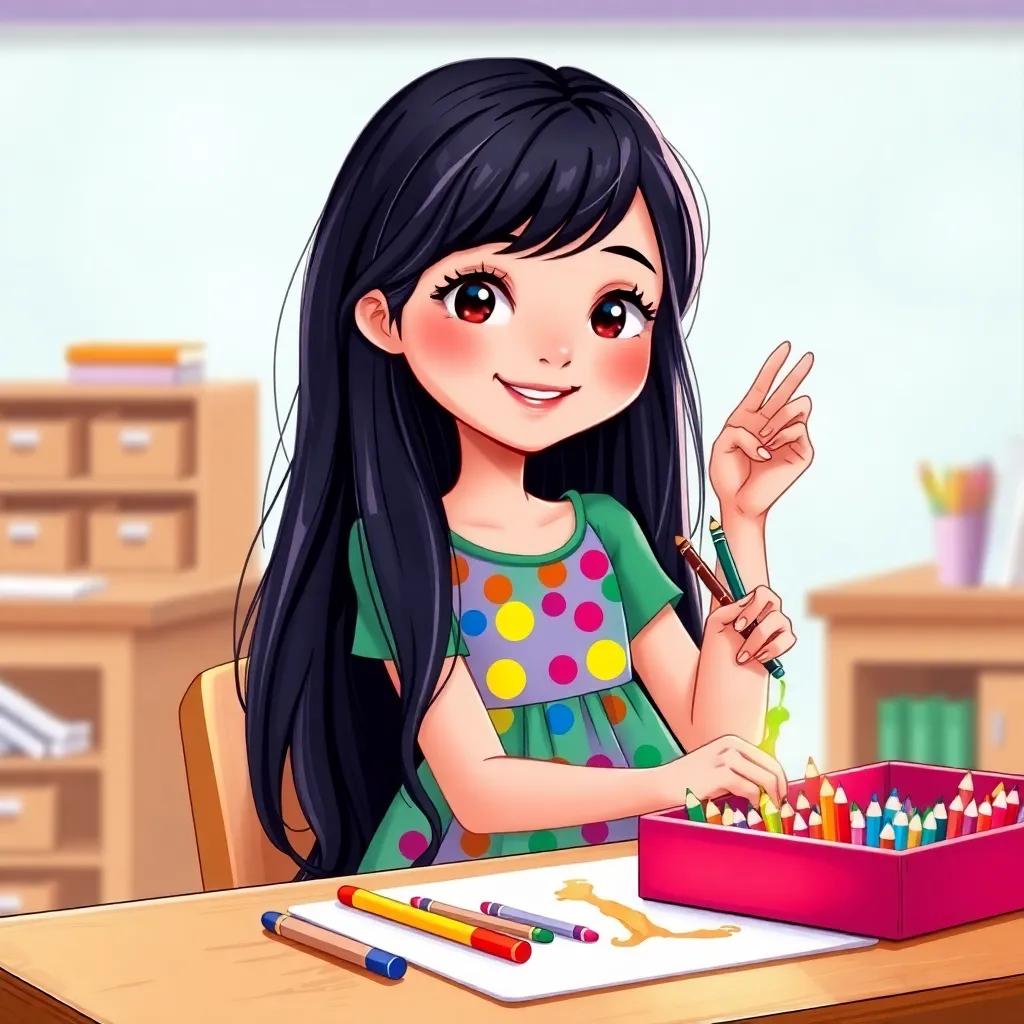 A young girl, Leila, with long, black hair wearing a colorful dress, sitting at a school desk painting with a bright box of colors, vibrant colors, cheerful atmosphere, joyful expression, digital art, high quality