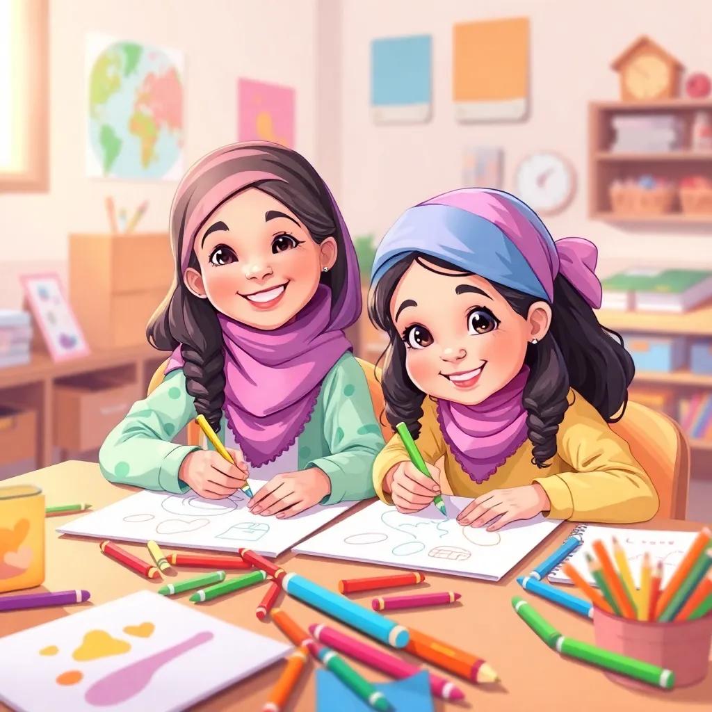 Two young girls, Leila and Hena, coloring together at a desk, both smiling and happy, surrounded by drawings and art supplies, warm classroom light, child-friendly scene, colorful, vibrant, digital painting, high quality