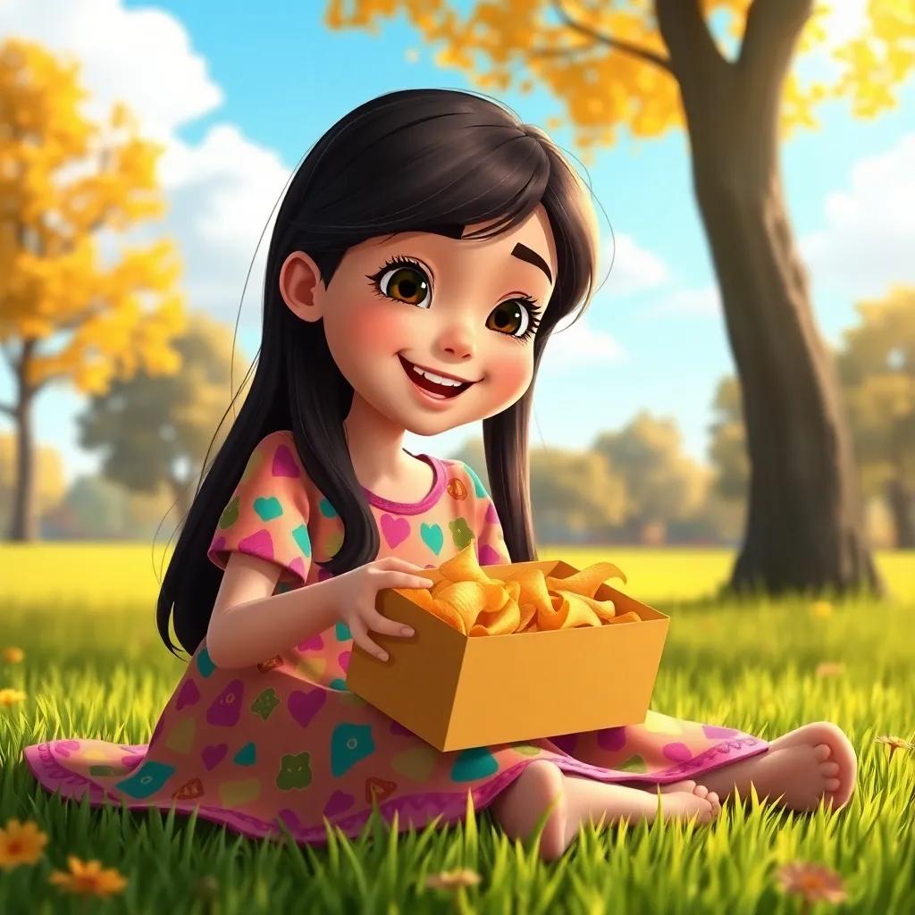 A young Arab girl, Leila, with long dark hair wearing a colorful dress, sitting on the grass in a park under a sunny sky, joyfully opening her lunch box filled with chips, vibrant colors, cheerful atmosphere, high quality