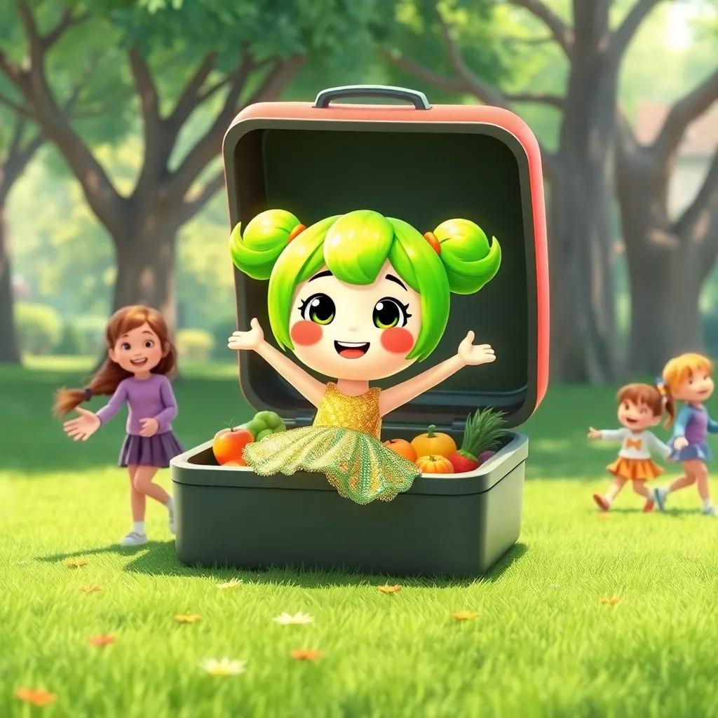 A friendly character named Fufu, with bright green hair and a sparkling dress, playfully appearing from a lunch box filled with fruits and vegetables, surrounded by active girls playing in the park, digital art, lively and energetic, child-friendly