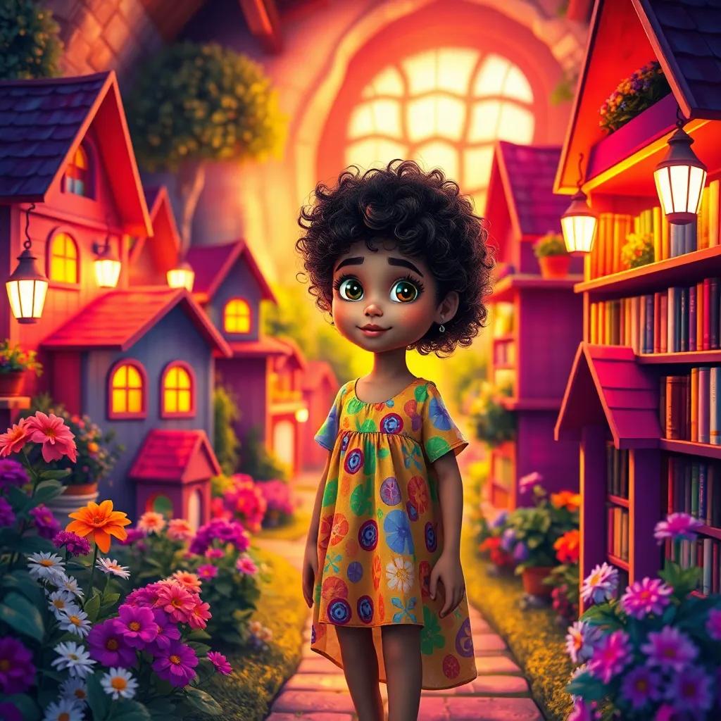 A small colorful village with flowers and houses, showing a curious girl named Leila with curly hair and wearing a colorful dress, standing in a bright library, digital art, vibrant colors, warm light, inviting atmosphere, high quality