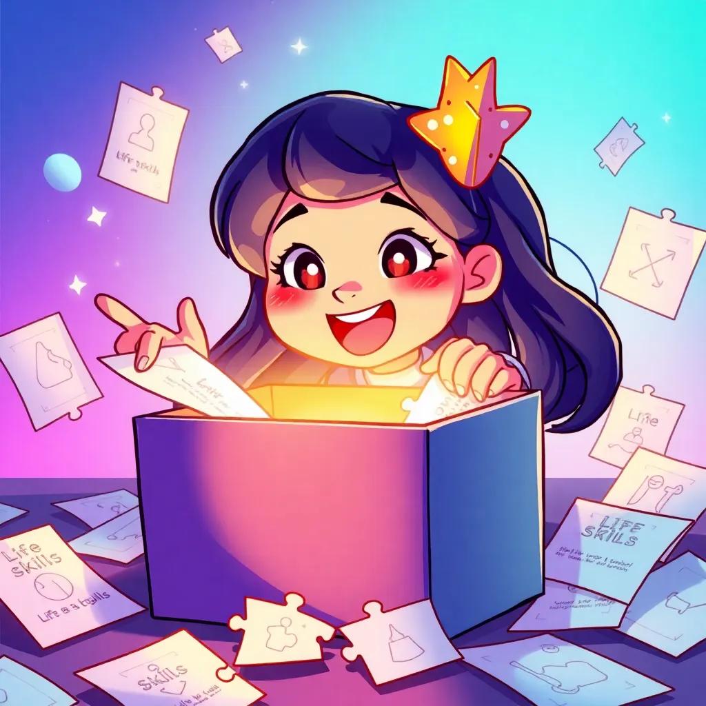 Leila opening a mysterious box with a shining light emerging from it, surrounded by paper with life skills puzzles, an excited expression on her face, illustration, cheerful, adventure-themed, vivid colors, high quality