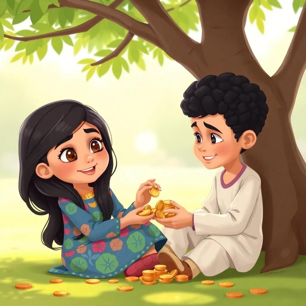 A young Arab girl, Layla, with long dark hair wearing a colorful dress, sitting under a tree with her brother, a young Arab boy, Omar, with short curly hair, both counting coins together, cheerful atmosphere, child-friendly, digital art, vibrant colors