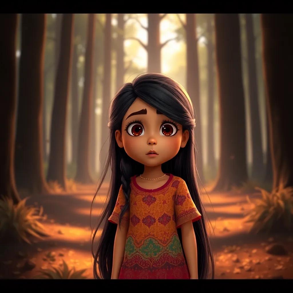 A girl named Laila, a young Arab girl with long, dark hair, wearing a colorful dress, looking scared in a forest with tall trees and shadows, digital art, warm colors, inviting atmosphere, high quality