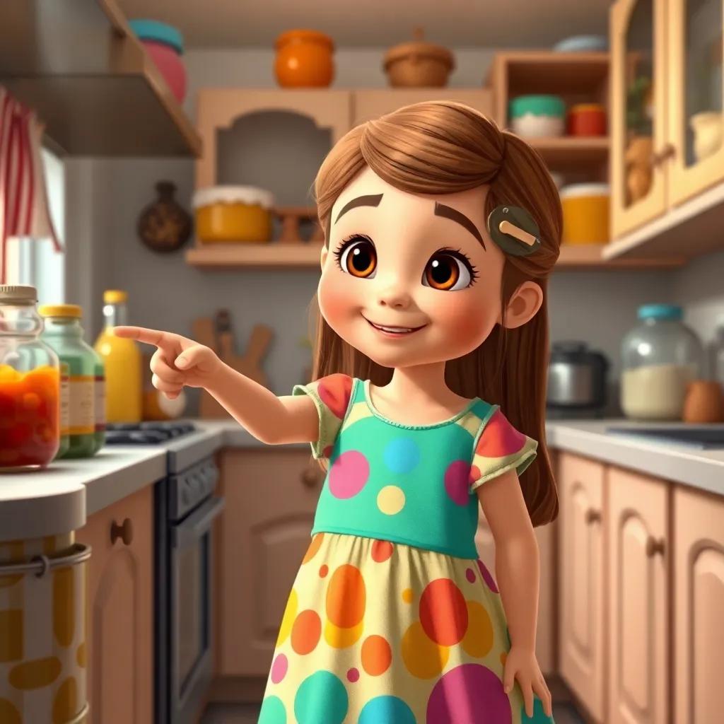 A young girl, Leila, with long hair wearing a colorful dress, standing in a kitchen pointing at different jars and bottles with a curious expression, warm digital art, bright colors, cheerful atmosphere, high quality