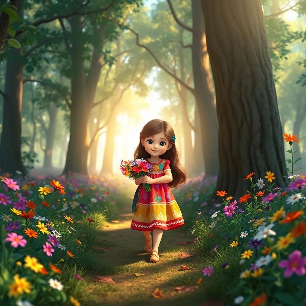 A young girl, Leila, with long hair wearing a colorful dress, walking through a beautiful forest collecting flowers for her grandmother, colorful flowers around, bright sunlight, charming, inviting, high quality