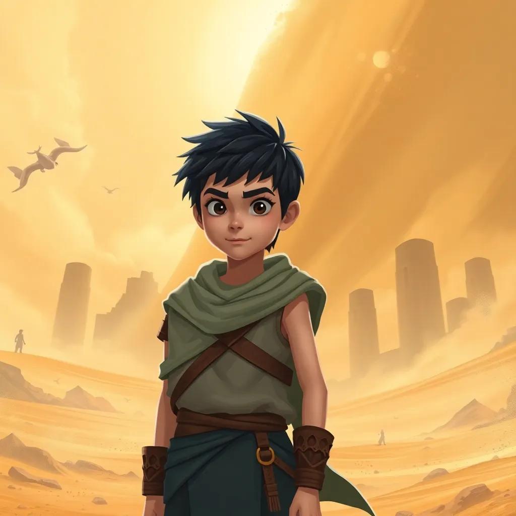 A young warrior, Kay, with short black hair and strong build, wearing protective desert clothing, standing next to Leila, showing determination, surrounded by giant sandstorm with silhouettes of ancient ruins in the background, illustration, intense, mesmerizing atmosphere, child-friendly