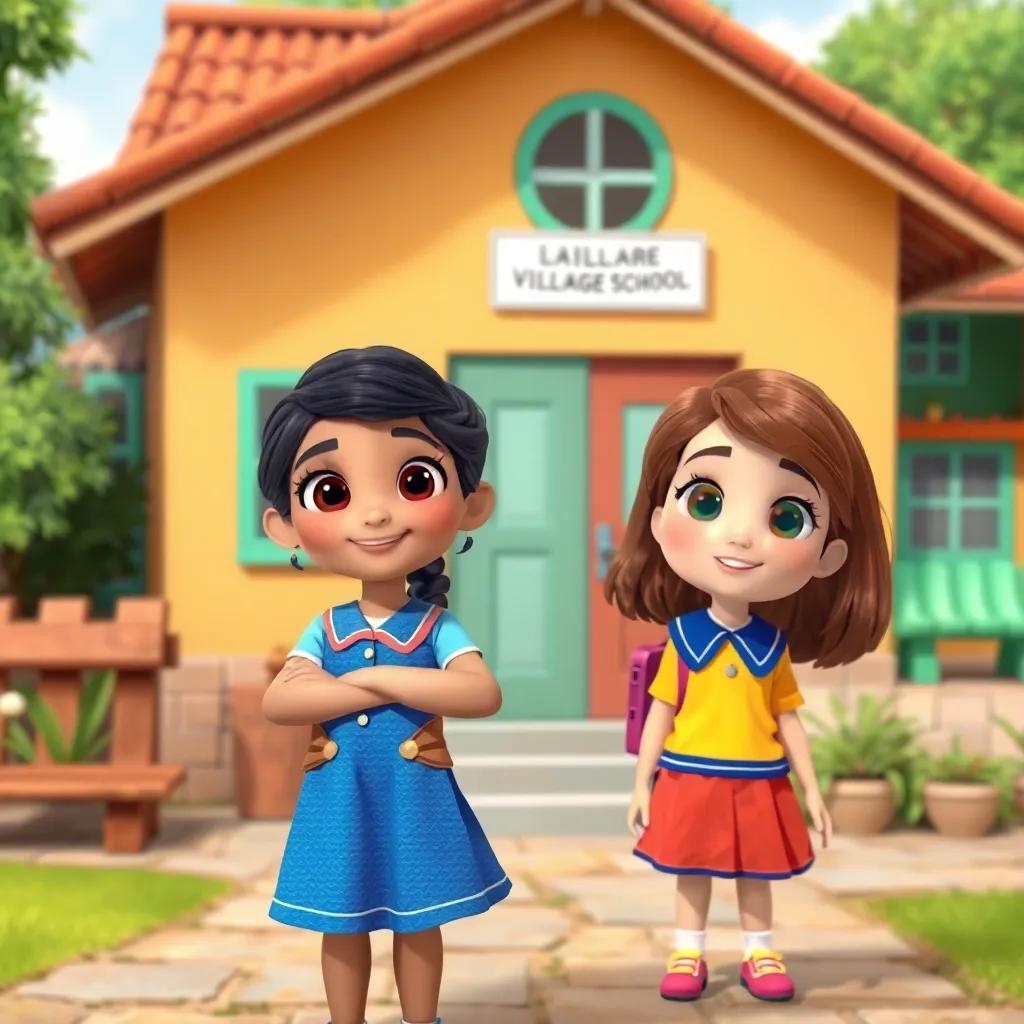 A small village school with a playground, two girls in colorful school uniforms, one girl named Laila, a confident young girl with dark hair and bright blue dress, the other girl named Lana, a quiet girl with light brown hair, in a cheerful atmosphere, digital art, warm colors, friendly vibes, high quality