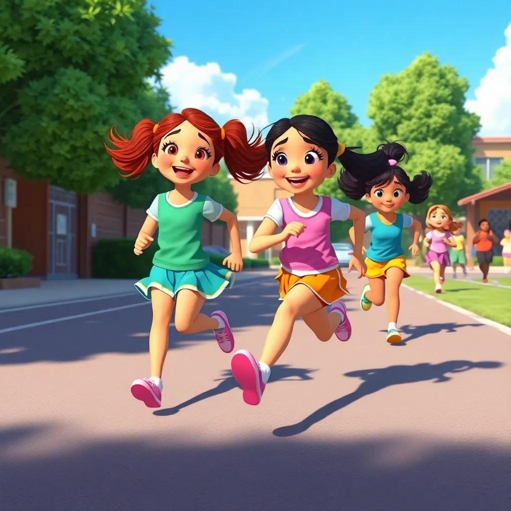 A running competition scene in the school yard, girls in colorful outfits with excitement on their faces, Laila stumbling while running and falling, Lana stopping to help her, dynamic action, bright day, detailed illustrations, child-friendly scene, high quality