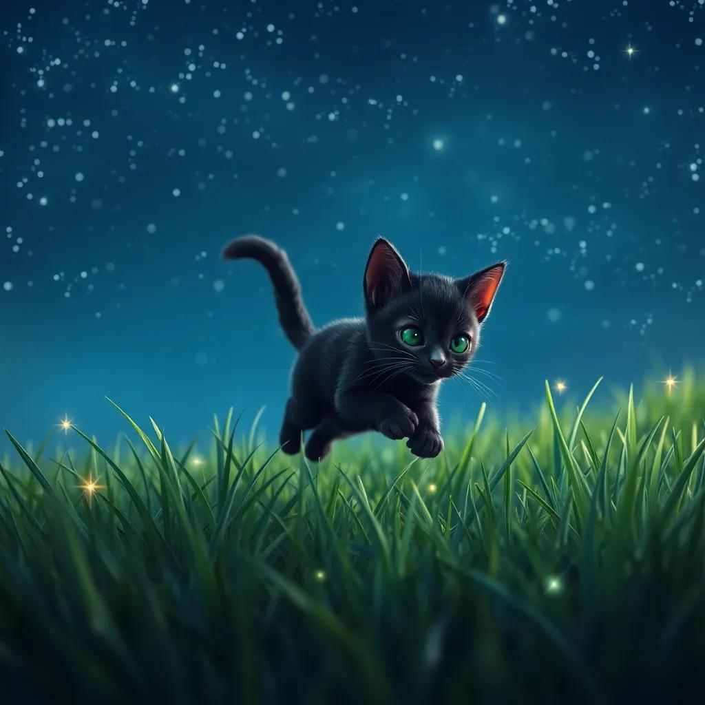 A cozy night with a starry sky, a small black cat named Layla exploring short grass and jumping gracefully, surrounded by twinkling stars, digital art, serene, vibrant colors, magical atmosphere, sharp focus, highly detailed