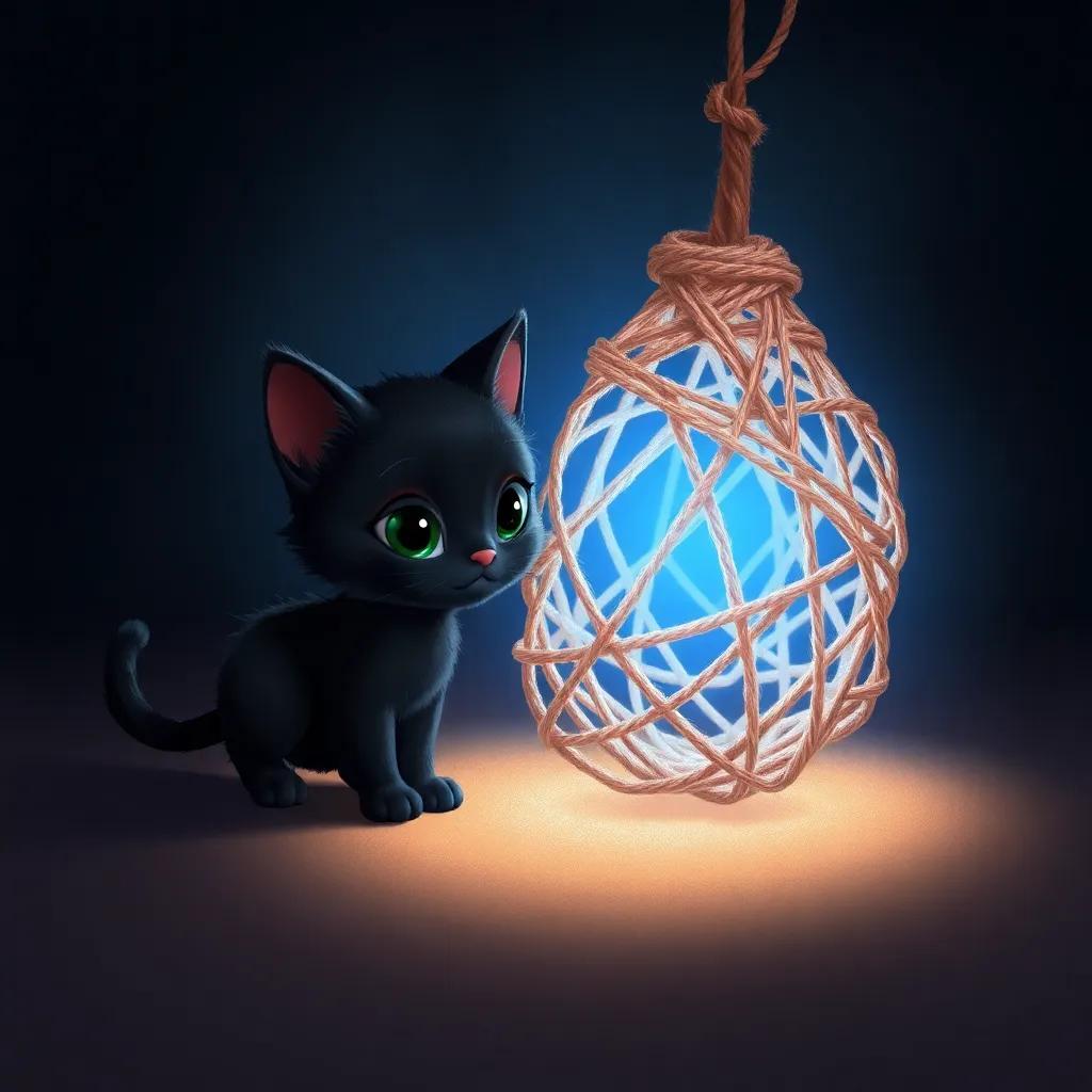 Layla, a small black cat with shiny fur, cautiously approaching a mysterious brown string cocoon glowing with blue light in a dark setting, illustration, curious, magical, child-friendly