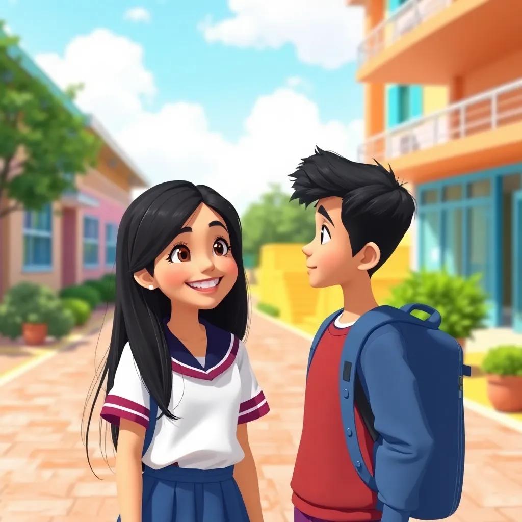A cheerful young girl, Layla, with long black hair, wearing a colorful school uniform, smiling brightly as she talks to her friend Aml in a sunny schoolyard, vibrant colors, friendly atmosphere, digital art, high quality