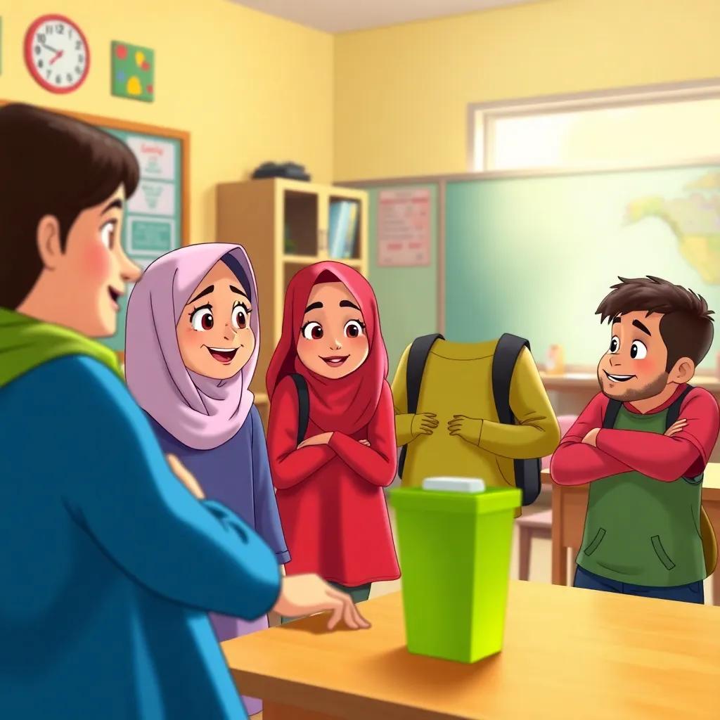 A group of students including Layla, Ali, Aml, and Youssef, meeting in a classroom, discussing ways to keep their school clean, looking enthusiastic, colorful school setting, cheerful expressions, illustration, warm light, inviting style