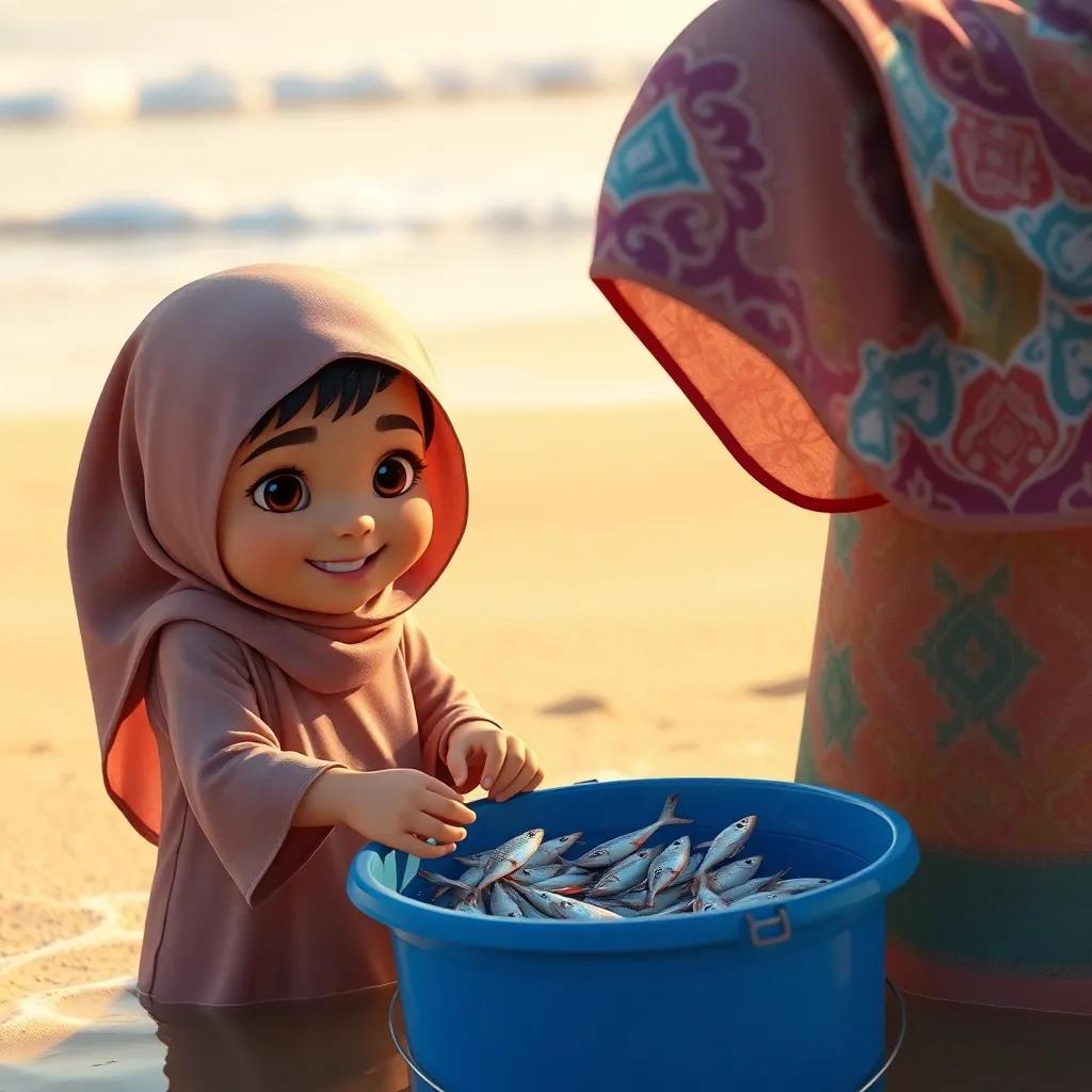 Leila, a young Arab girl, gathering small fish into a water bucket, smiling with determination, beside Noura, her teacher in a colorful abaya, sand and ocean waves in the background, warm light, uplifting scene, child-friendly, high quality