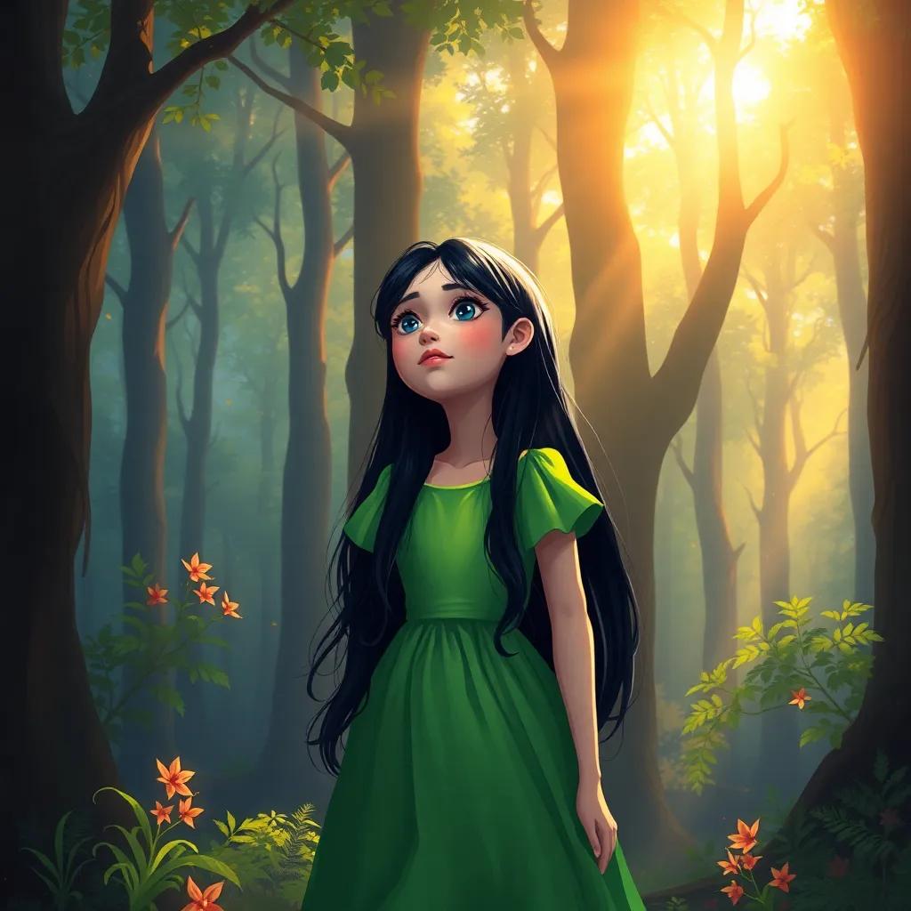 A curious girl, ليلى, with long black hair wearing a bright green dress, standing in a sunlit forest, listening to the whispers of trees, digital art, vibrant colors, magical atmosphere, high quality