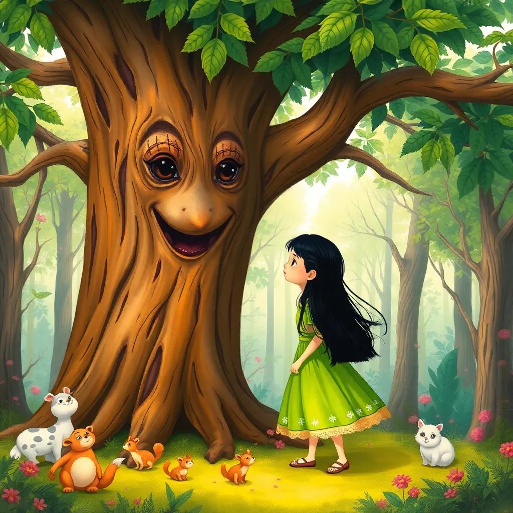 A large tree, with leafy branches and a friendly face, whispering to ليلى, a curious girl with long black hair in a bright green dress, surrounded by small animals in a colorful forest, illustration, cheerful, engaging, child-friendly