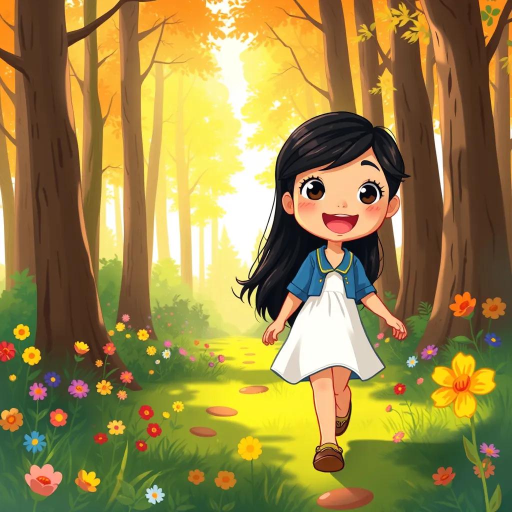 A cheerful young girl, Leila, with long black hair wearing a blue shirt and a white dress, walking through a sunny forest filled with tall trees and colorful flowers, digital art, bright colors, cheerful atmosphere, high quality