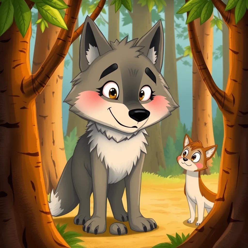 A friendly large wolf with gray fur and sharp eyes standing among the trees, looking at Leila who appears curious, forest background, detailed illustration, warm lighting, inviting feel, high quality