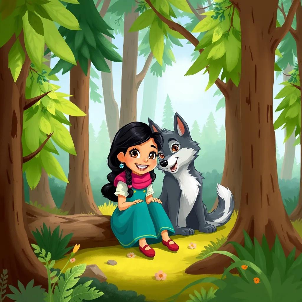 Leila and the friendly wolf sitting in the forest, playing a fun game of hide and seek among the trees, showcasing their playful expressions, vibrant forest scenery, cheerful mood, digital painting, high quality