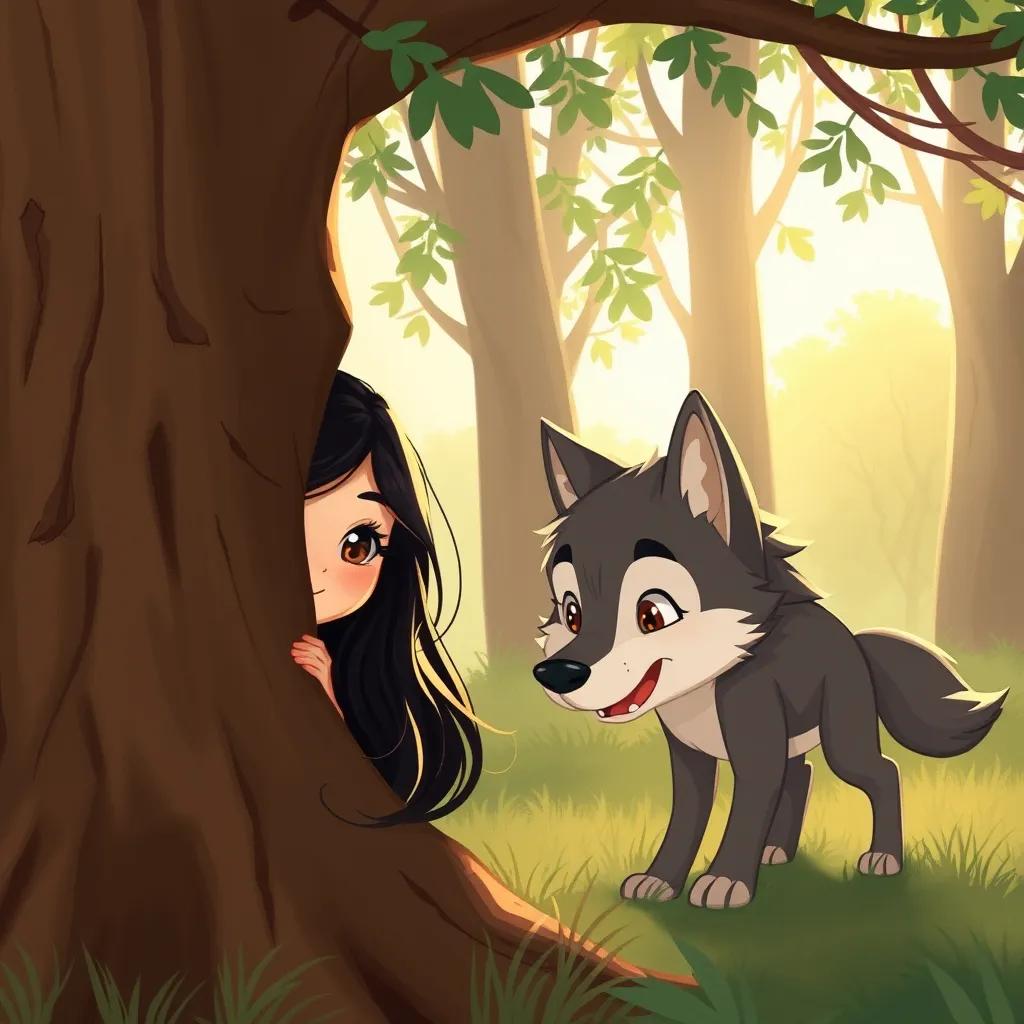 Leila is hiding behind a tree while the wolf searches nearby with a playful expression, trees swaying in the background, warm light shining through, playful atmosphere, high quality