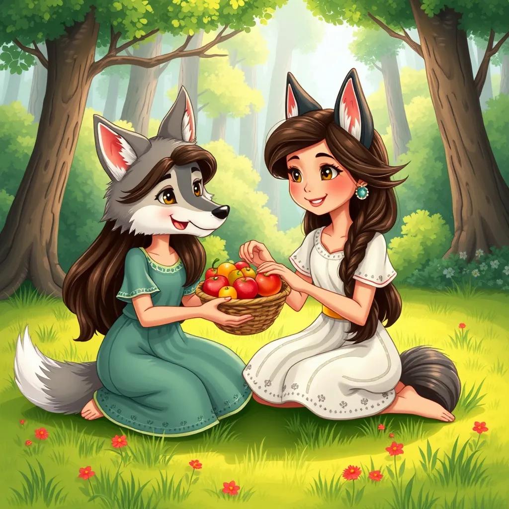 Leila sharing fruits from her basket with the wolf, both sitting on green grass with a beautiful forest backdrop, cheerful expressions, vibrant colors, warm and friendly scene, high quality