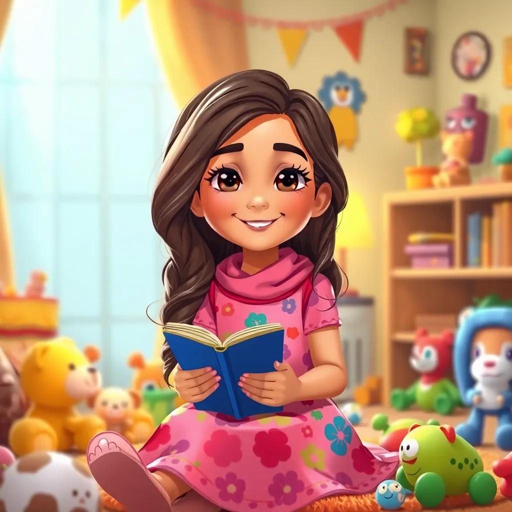 A young girl named Lily, a 10-year-old Arab girl with long, wavy hair wearing a colorful dress, sitting in her room surrounded by toys, holding a book and smiling, cozy atmosphere, bright and cheerful colors, illustration, warm light