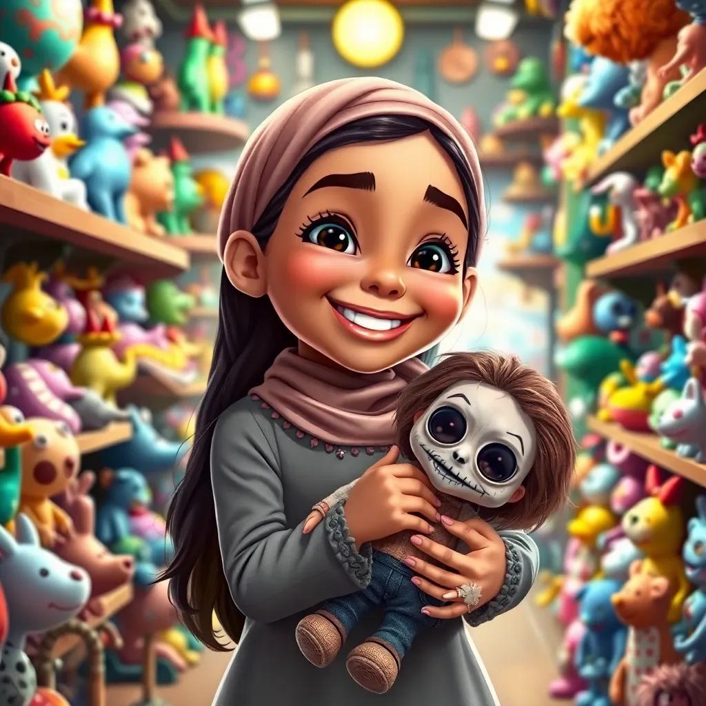 Lily, a young Arab girl, smiling joyfully while holding a beautiful old doll, which looks slightly creepy, in a colorful toy store, surrounded by vibrant toys all around, detailed illustration, magical feel, child-friendly, inviting atmosphere
