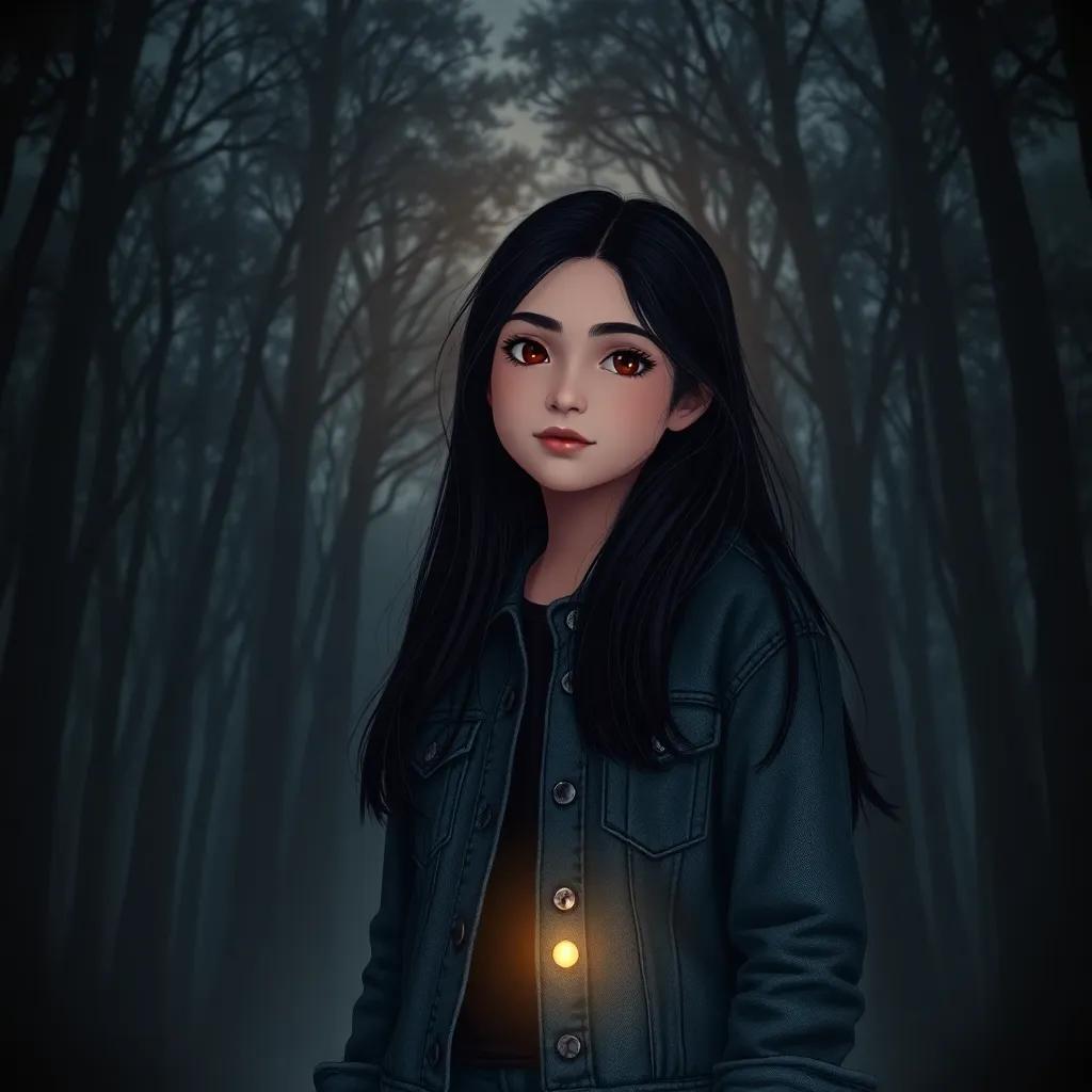 A young girl, Mariam, with long black hair, wearing a denim jacket, standing in a dark forest with trees looming overhead, holding a small flashlight, digital art, eerie yet magical atmosphere, twilight colors, high quality, inviting sense of adventure