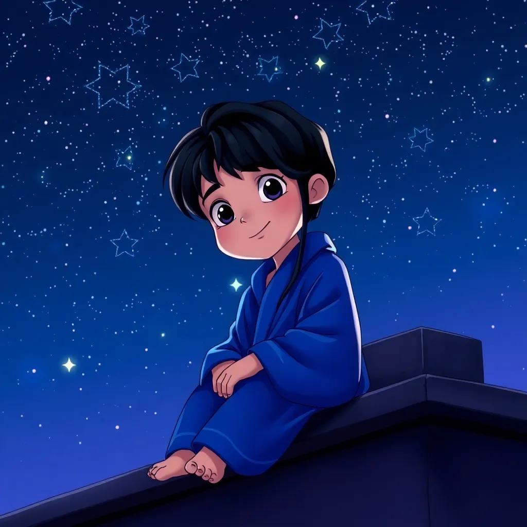 A starry night with a young boy, Lail, having long black hair and wearing a blue robe, sitting on a rooftop surrounded by shimmering stars, digital art, calming and inviting, deep blues and purples, high quality