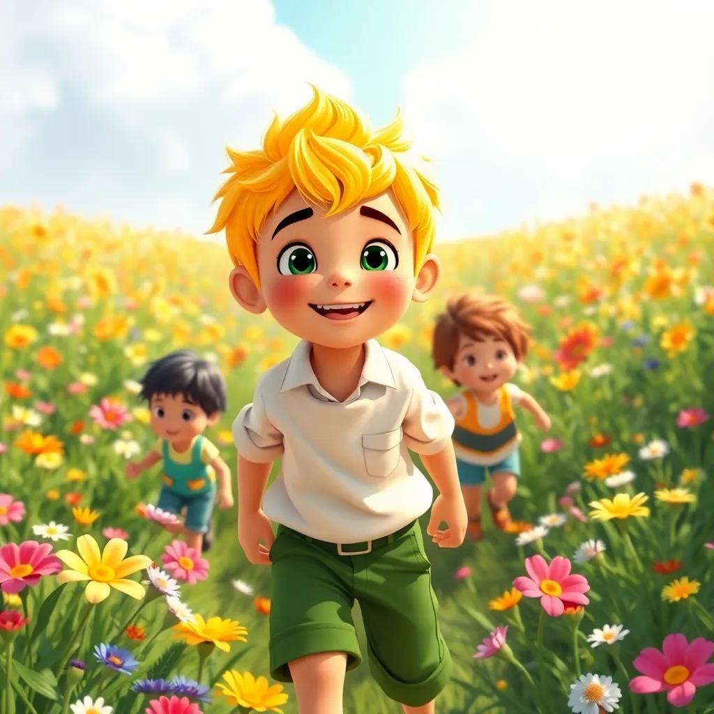 A bright sunny day with a cheerful boy, Nahar, having yellow hair and wearing a white shirt and green pants, playing with children in a field of colorful flowers, bright and vibrant colors, joyful atmosphere, high quality