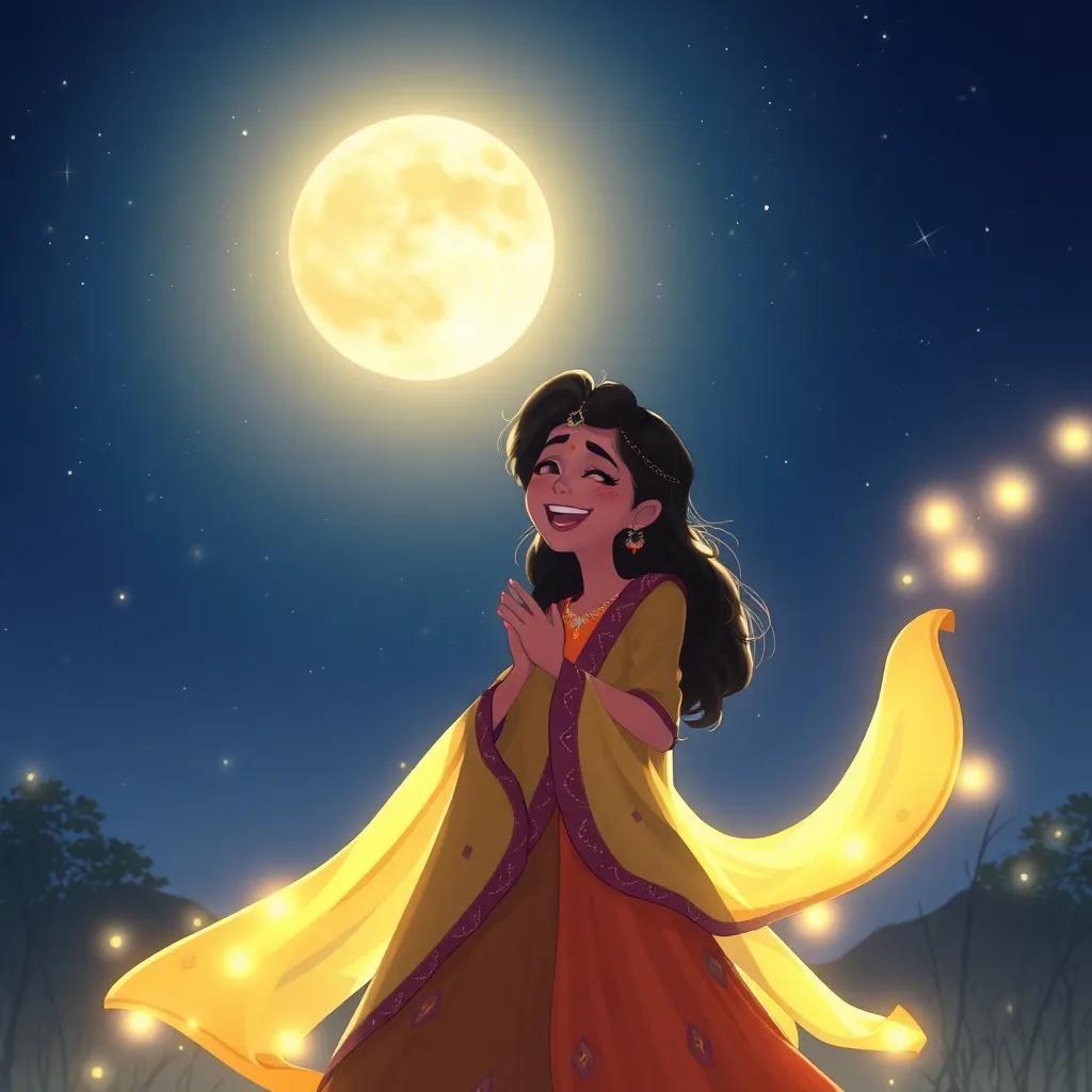 Lail and Nahar together, laughing and dancing under the moonlight, with stars twinkling above, a beautiful depiction of friendship, soft glowing light, magical night, high quality