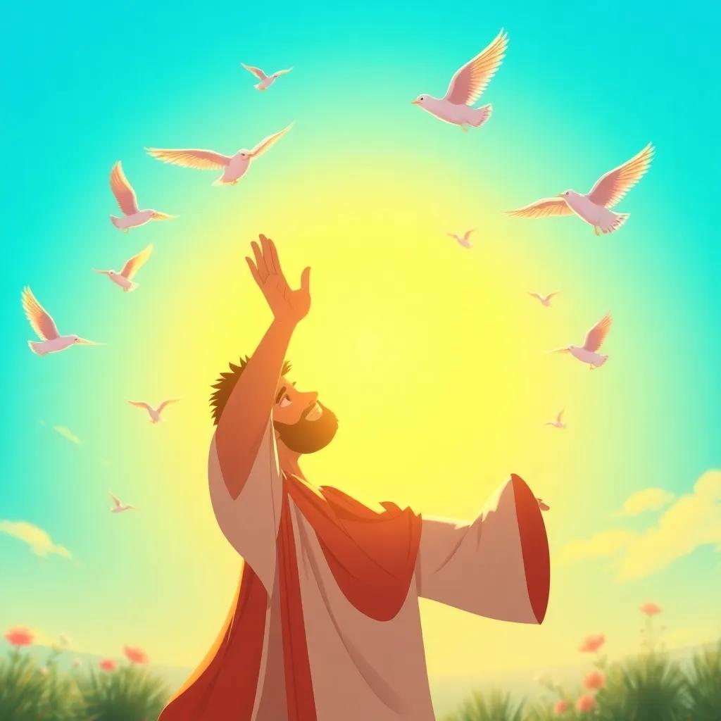 Nahar greeting a beautiful sunrise, with birds flying around him and a bright blue sky, radiating warmth and positivity, illustration, cheerful colors, uplifting imagery, high quality