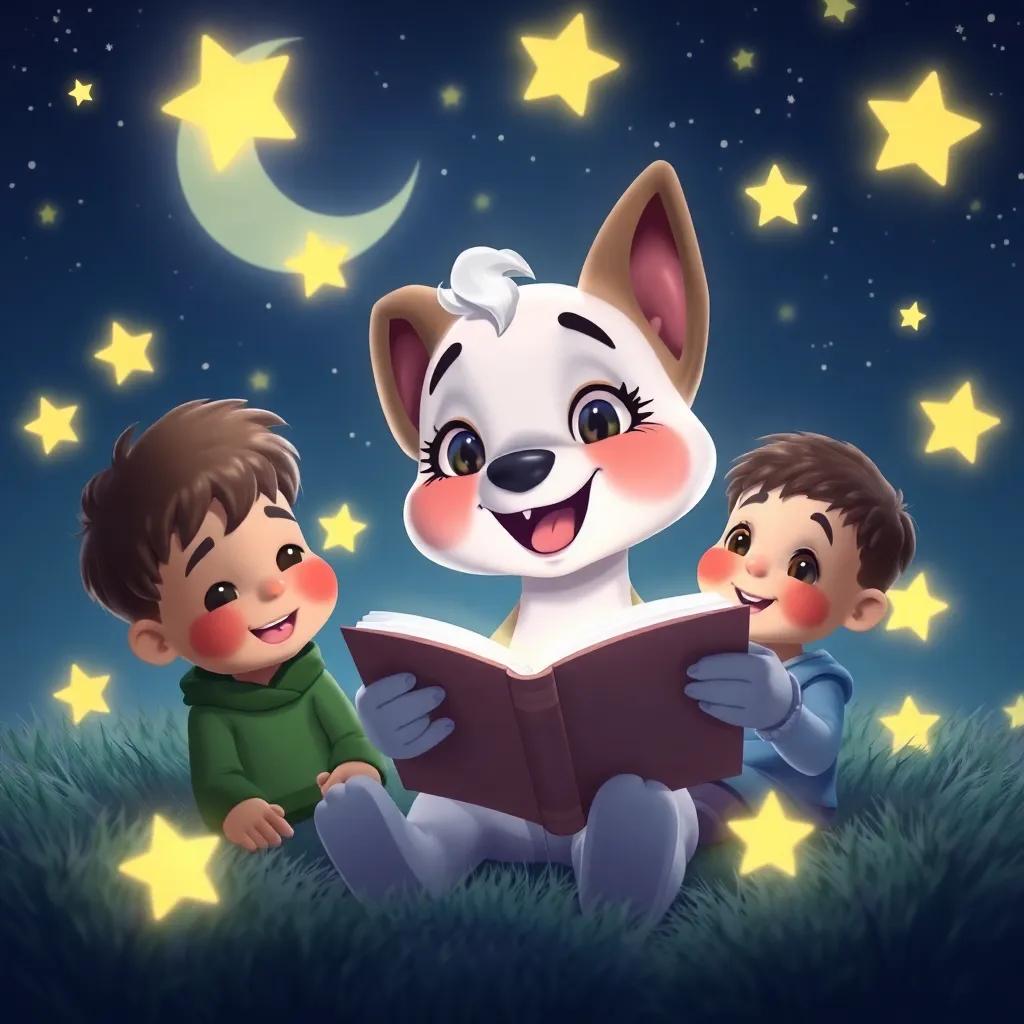 Lail telling stories to children under the stars, with animated expressions and glowing stars, creating a whimsical night scene, digital painting, imaginative and cozy, high quality