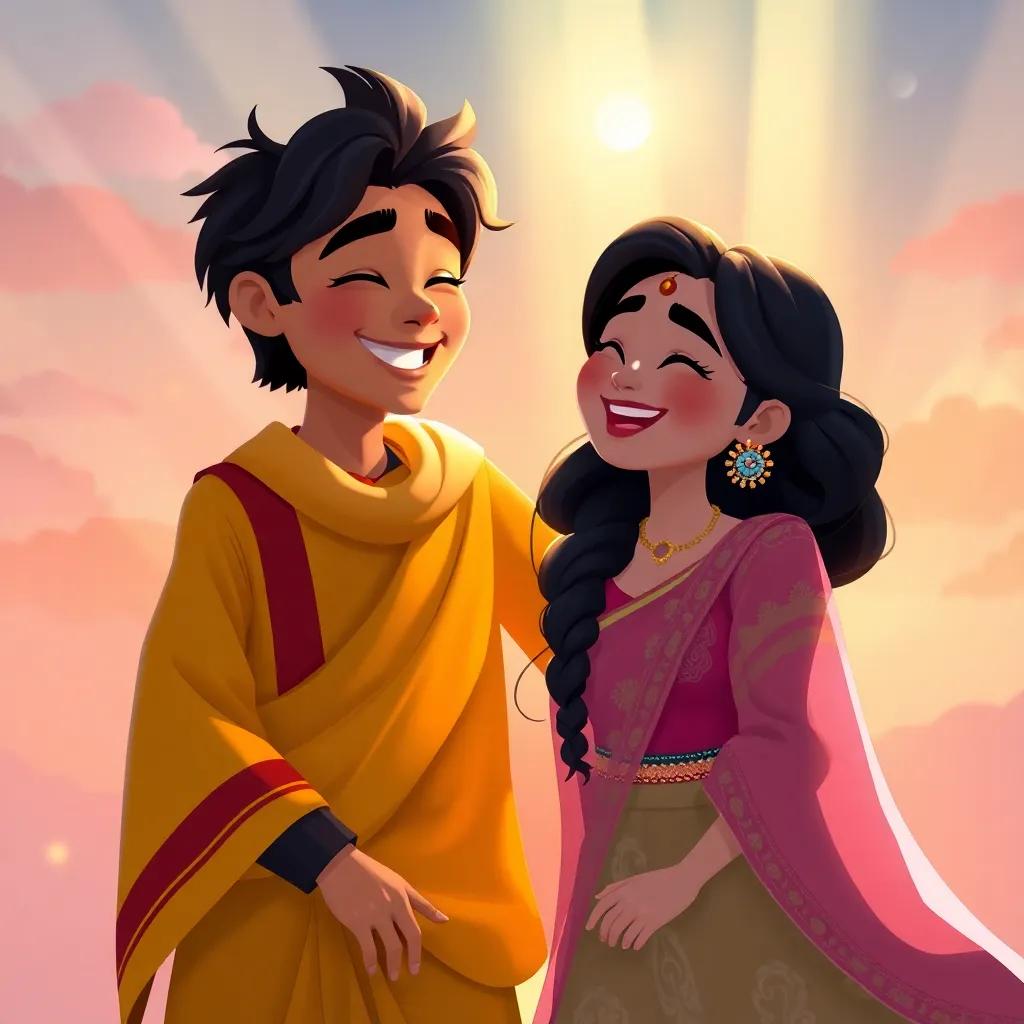 Nahar and Lail together, sharing a laugh as they help each other shine, with rays of sunlight and moonlight blending, creating a harmonious scene, bright and colorful, heartwarming, high quality