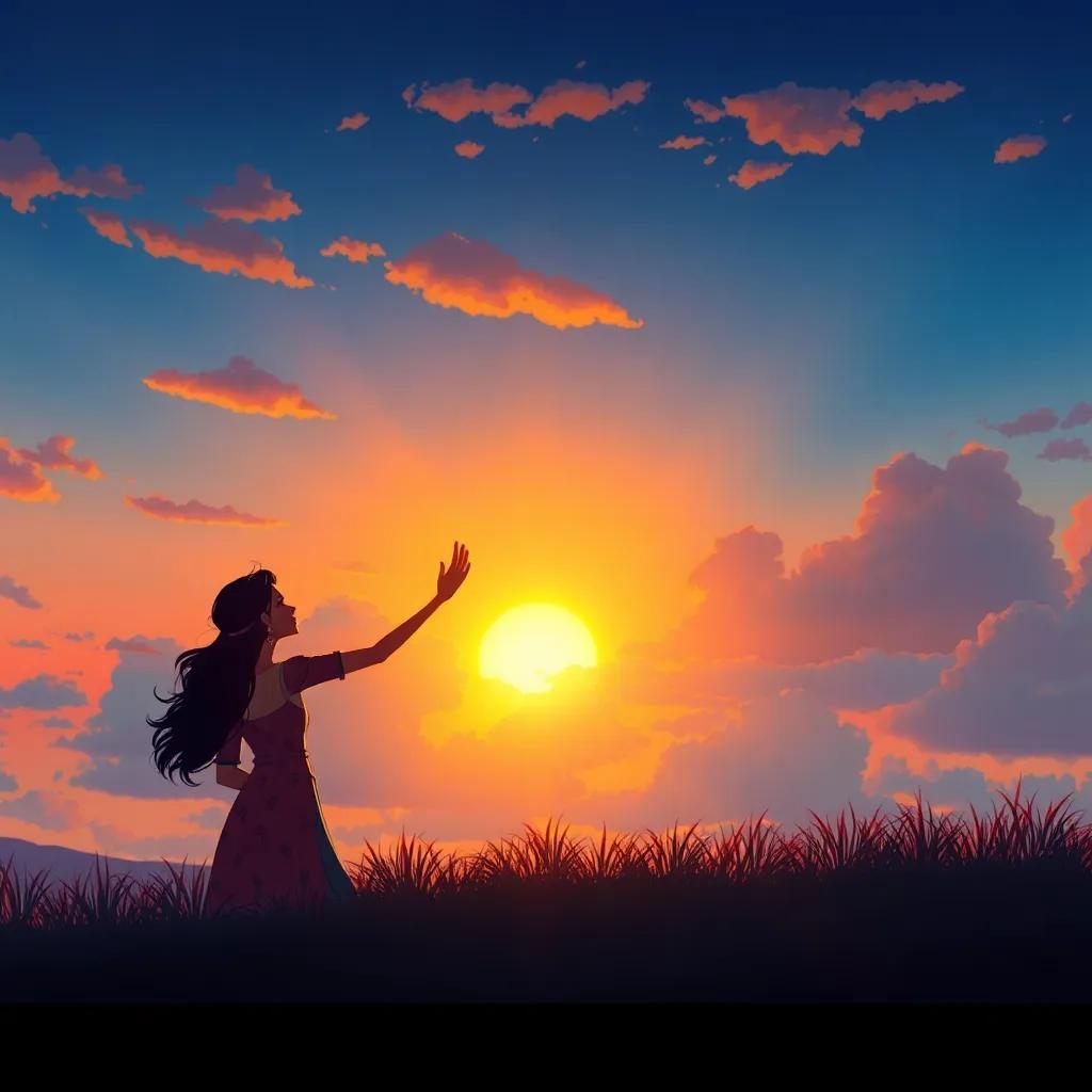 A magical sunset where Lail and Nahar wave goodbye to each other, setting the sky on fire with colors, illustrating the beauty of day and night, stunning colors, emotional, high quality