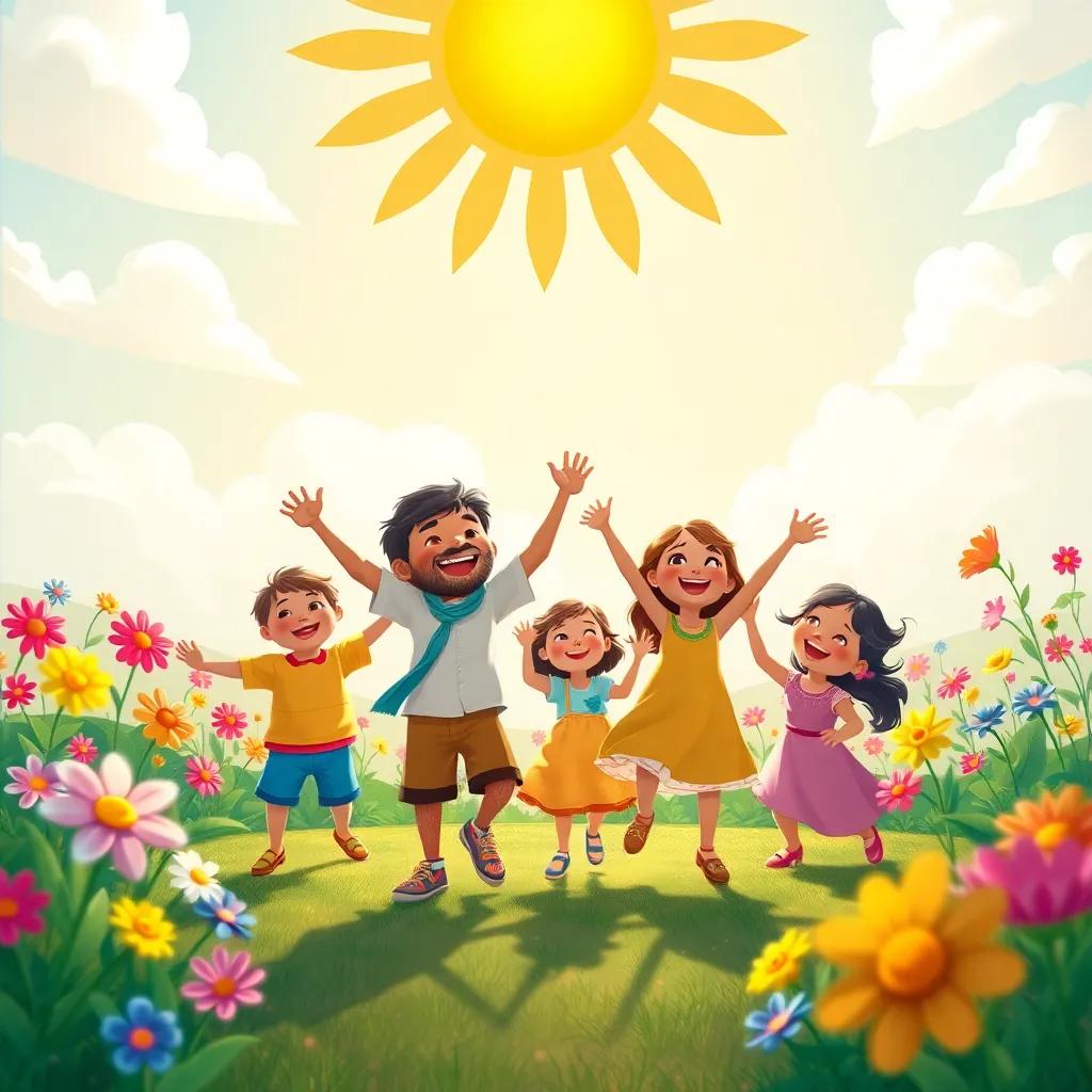 Nahar leading children in joyful dance under the sun, surrounded by cheerful flowers and bright colors, capturing the essence of childhood happiness, colorful and lively, high quality