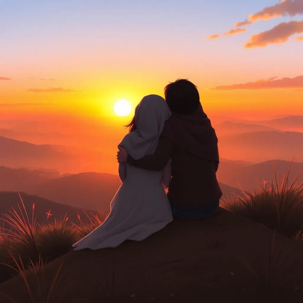 Lail and Nahar sitting on a hill, watching the sunset, representing the merging of their worlds, warm and soft colors, peaceful and serene atmosphere, high quality