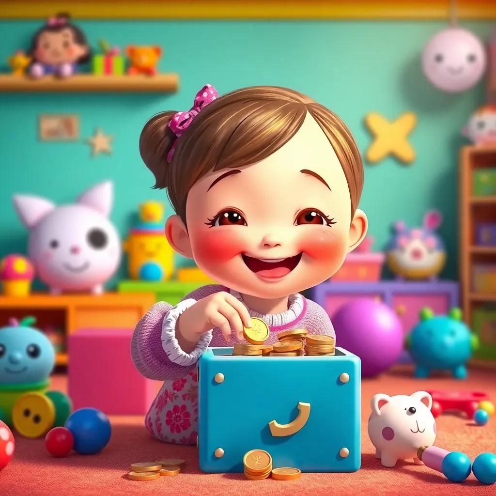 A small girl, Lina, putting coins into a special box with a big smile, surrounded by colorful toys in a cheerful room, illustration, vibrant colors, playful atmosphere, high quality