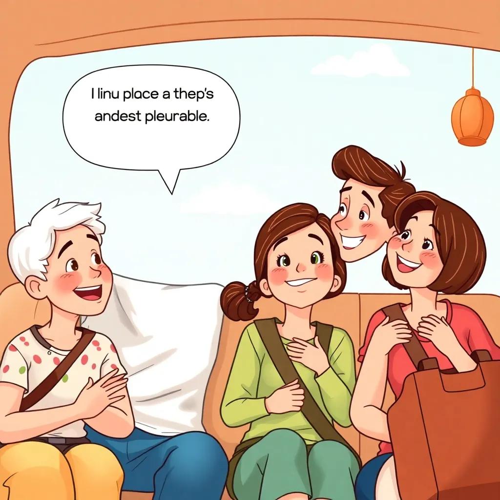 A joyful family trip scene with Lina suggesting budget-friendly places, her parents smiling and nodding in agreement, illustration, warm colors, family-friendly atmosphere, high quality