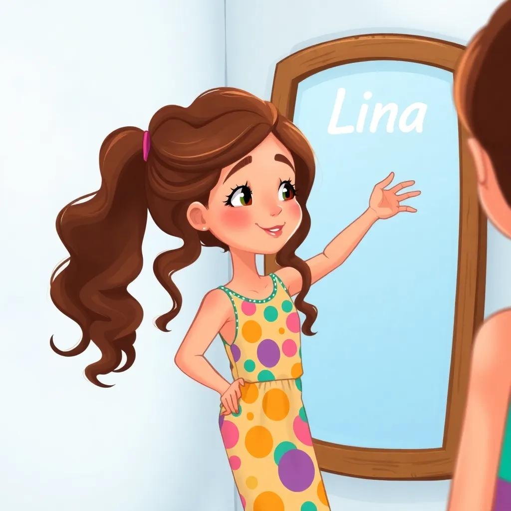 A young girl, Lina, with wavy brown hair and a colorful dress, looking at herself in the mirror, feeling strong and hopeful, digital art, bright colors, cheerful atmosphere, high quality
