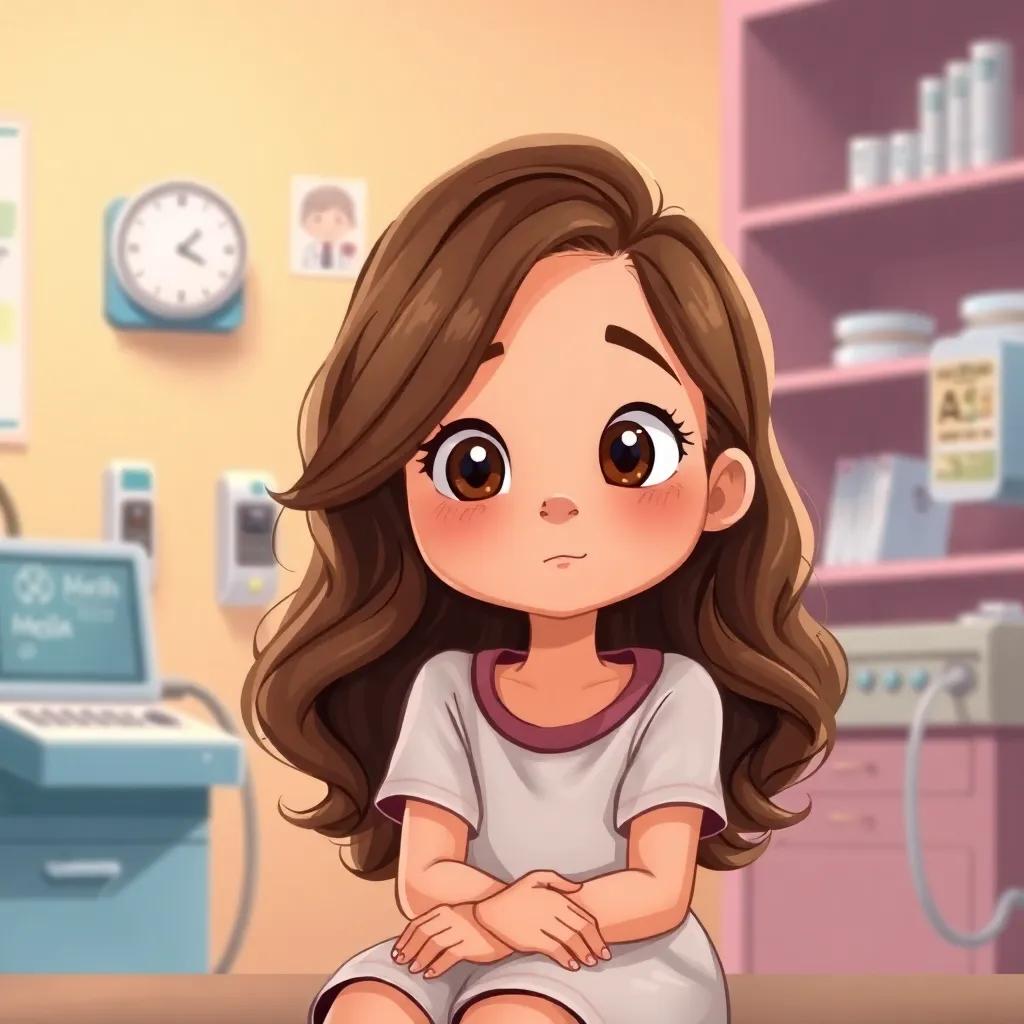 Lina, a young girl with wavy brown hair, sitting in a doctor's office, looking curious, surrounded by medical equipment, digital illustration, warm colors, nurturing environment, child-friendly