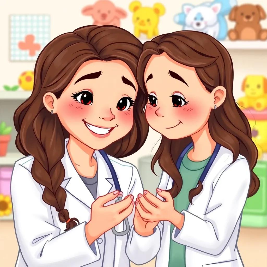 A doctor smiling at Lina, a young girl with wavy brown hair, explaining with kindness, colorful toys in the background, digital art, friendly and comforting atmosphere, high quality